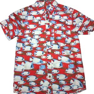 Royal Robbins Shirt Mens Medium Red & White Fish Print Short Sleeve Nautical